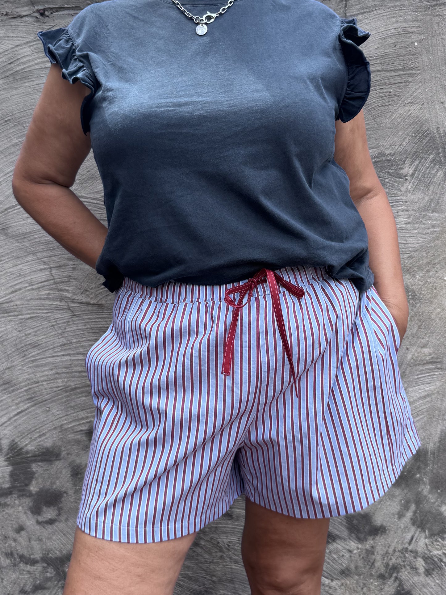SANDRA SHORT - LIGHT BLUE & MAROON STRIPES - MAAT 3