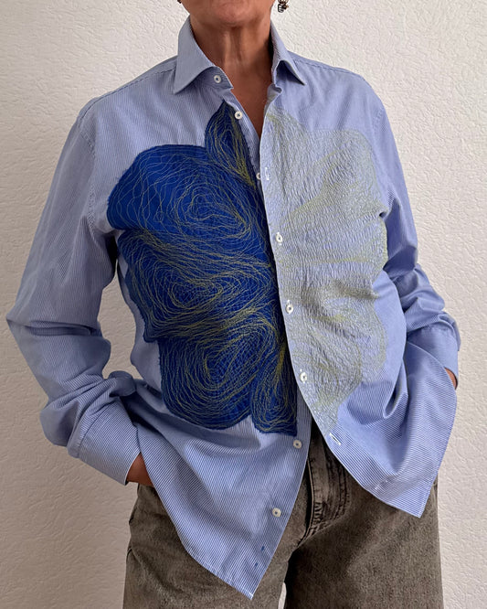 WEARABLE ART - SHIRT - BLUE STRIPES & COBALT/LIME GREEN